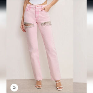 Women's GOOD AMERICAN Pink Straight Leg Jeans with Rhinestone Cutouts Size 8